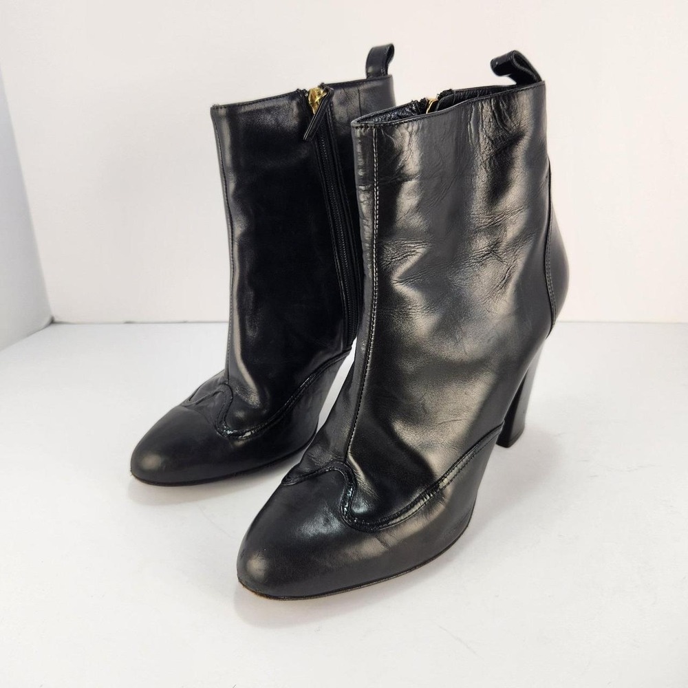 Delman Women's Black Leather Ankle Boots Block Heel Zip Booties Size 7.5
